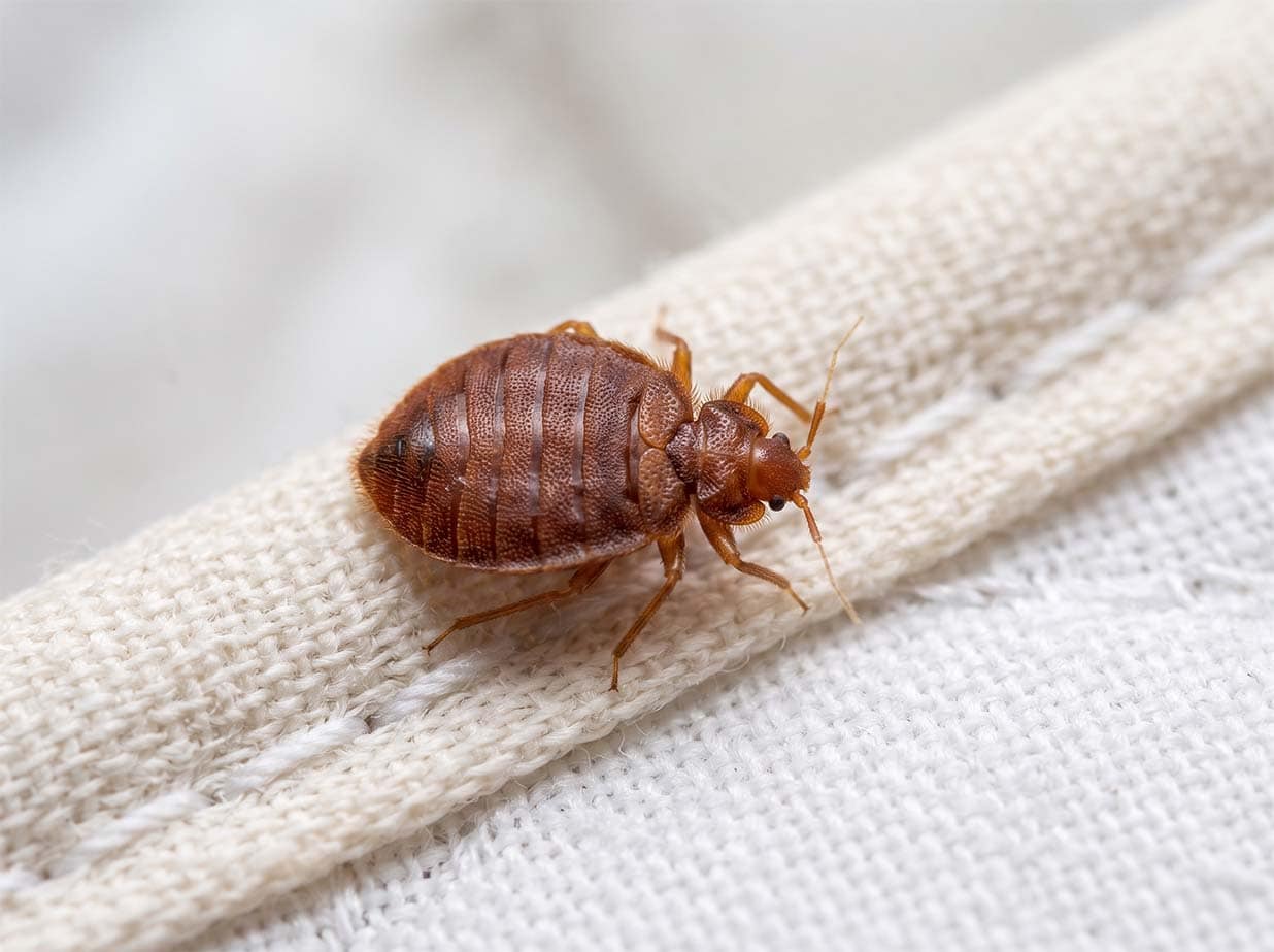 Adult bed bug, a small flat reddish-brown oval insect the size of an apple seed