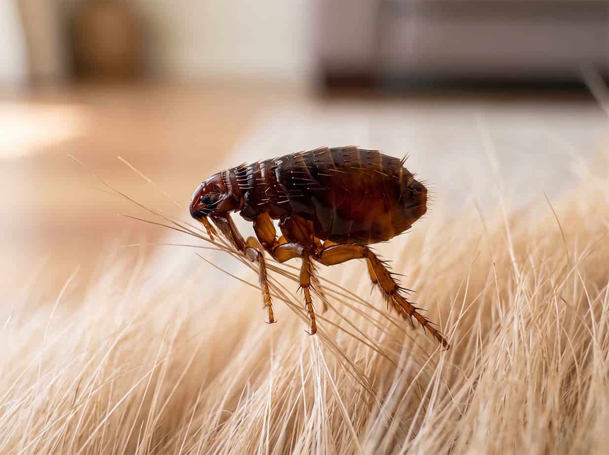 Adult cat flea, a tiny dark reddish-brown insect flattened side to side