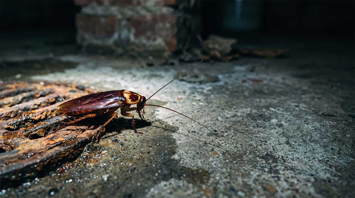 Macro photograph of a large American cockroach on a damp concrete subfloor beside a drain grate, lit by a torch beam