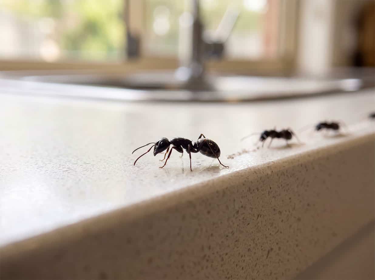 Black house ants following a trail, small shiny black ants