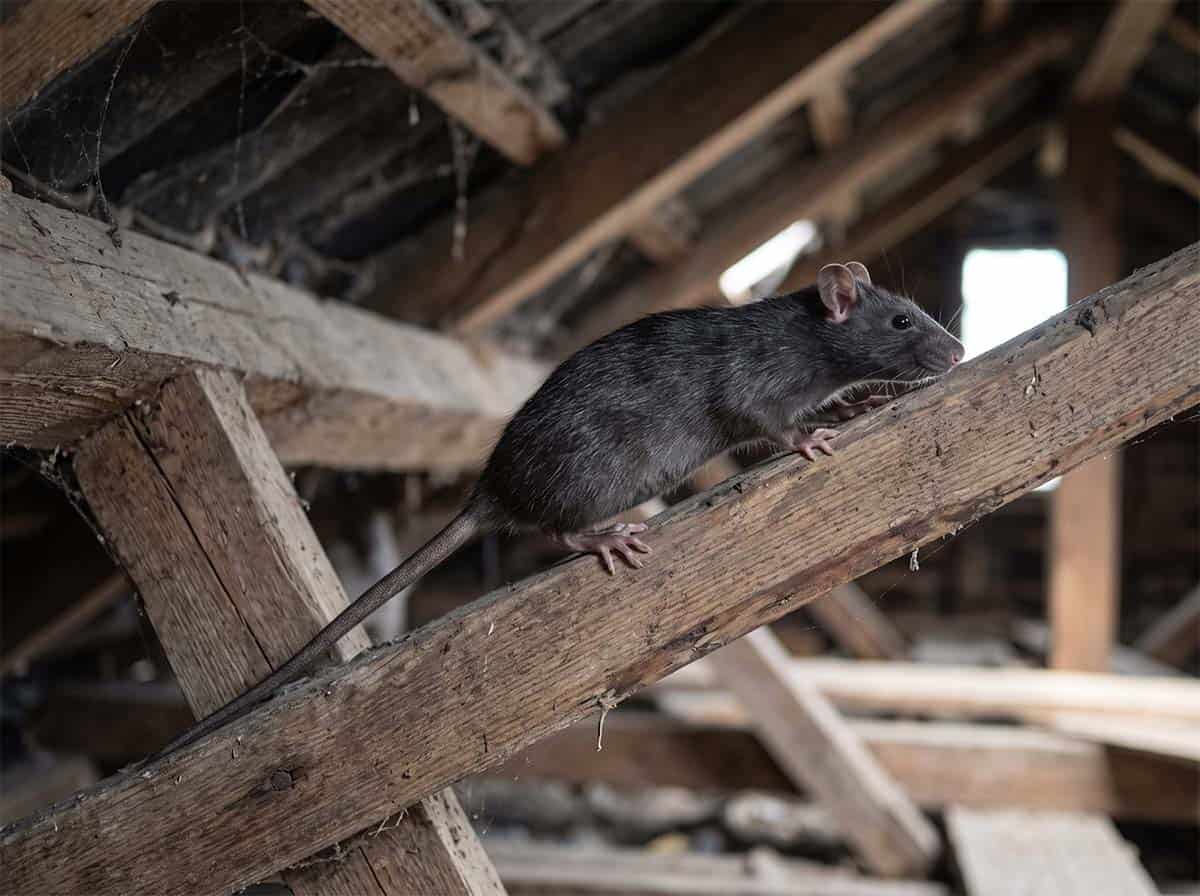 Black (roof) rat showing large ears, a pointed nose and a thin tail longer than its body