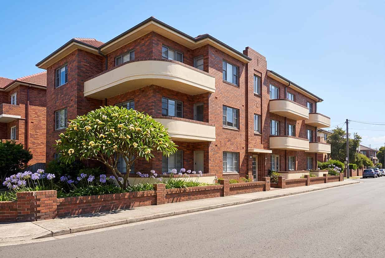 Three-storey red brick art deco apartment block with curved balconies on a leafy eastern suburbs street