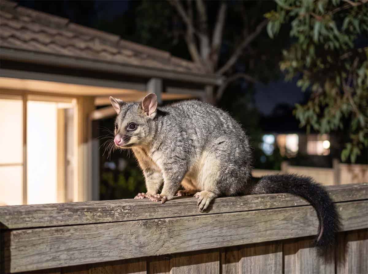 Common brushtail possum showing short rounded ears, black eye patches and a bushy black tail