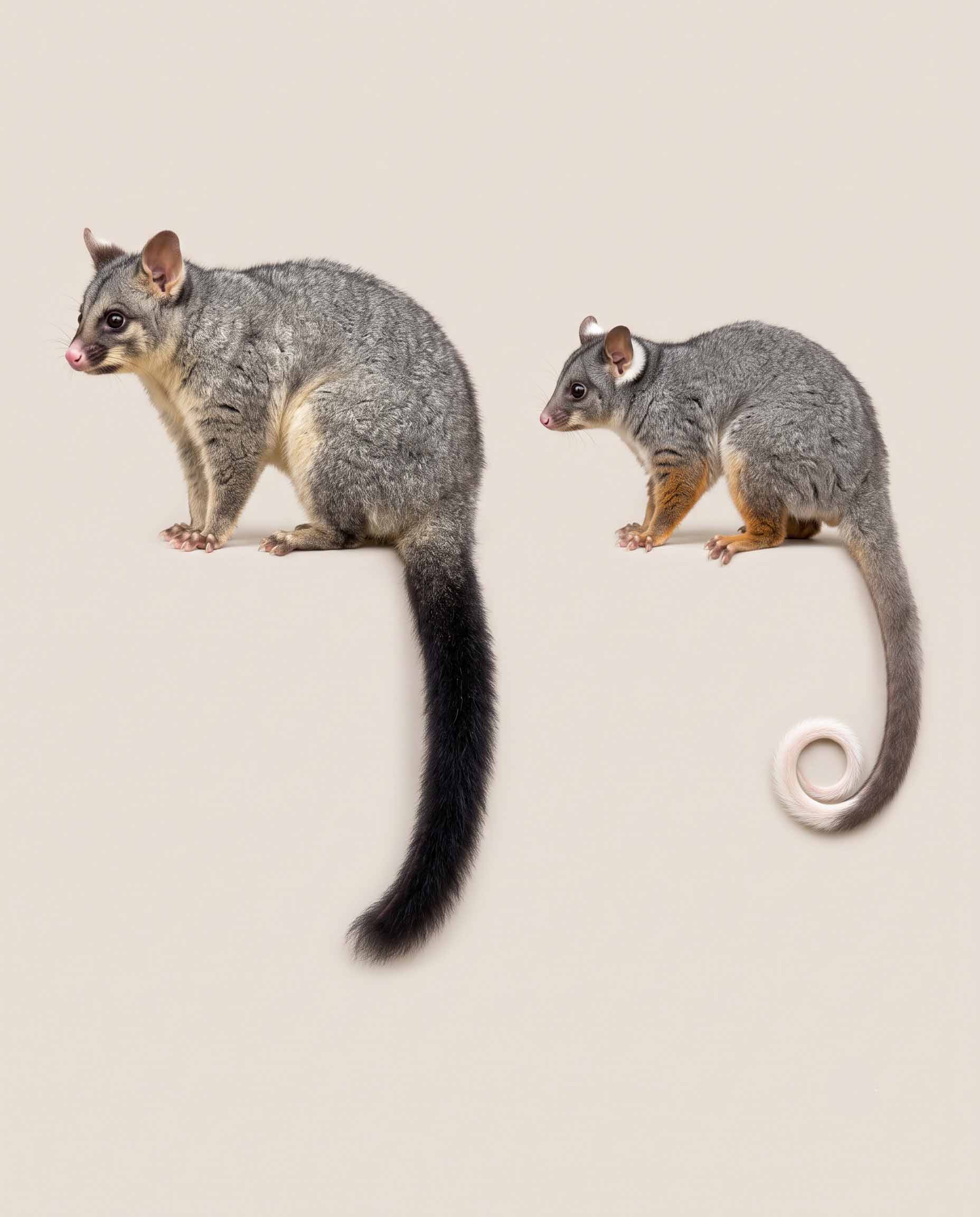 Side by side comparison of a brushtail possum with a bushy black tail and a ringtail possum with a white-tipped curled tail