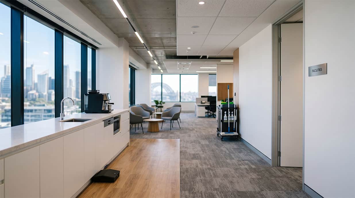 Modern corporate office interior representing corporate building pest control and preventative commercial pest management in Sydney