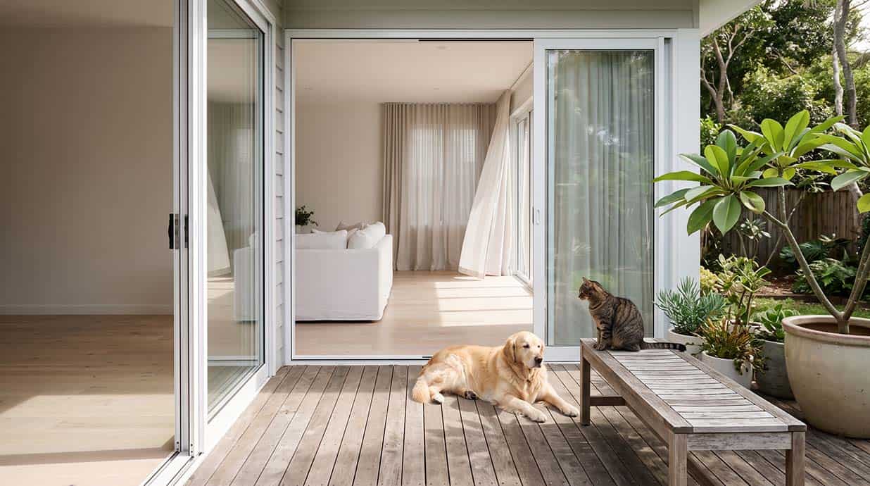Golden retriever lying on a sunny timber deck outside open glass doors, with a tabby cat on a bench beside it