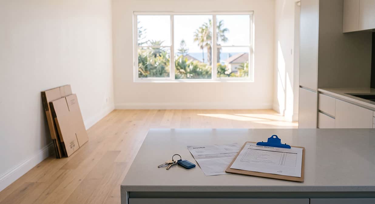 Keys, a pest control invoice and a condition report on the benchtop of a clean, empty Sydney rental apartment at the end of a lease.