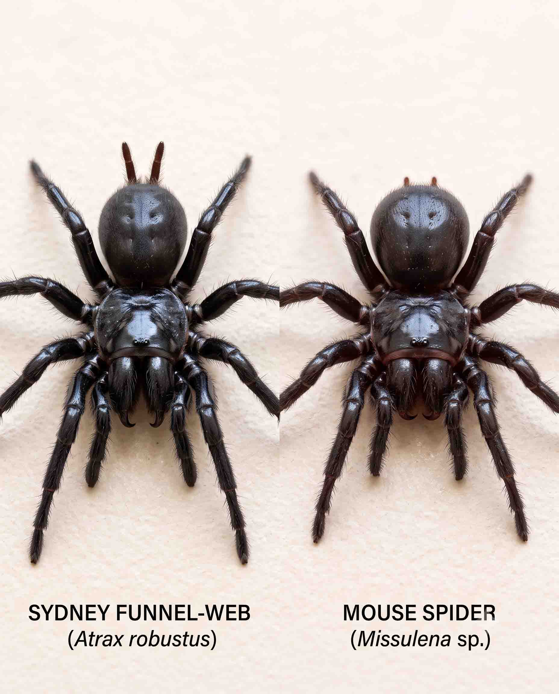 Comparison of a Sydney funnel-web and a mouse spider, both dark glossy ground spiders, showing the funnel-web's longer spinnerets and the mouse spider's broader head