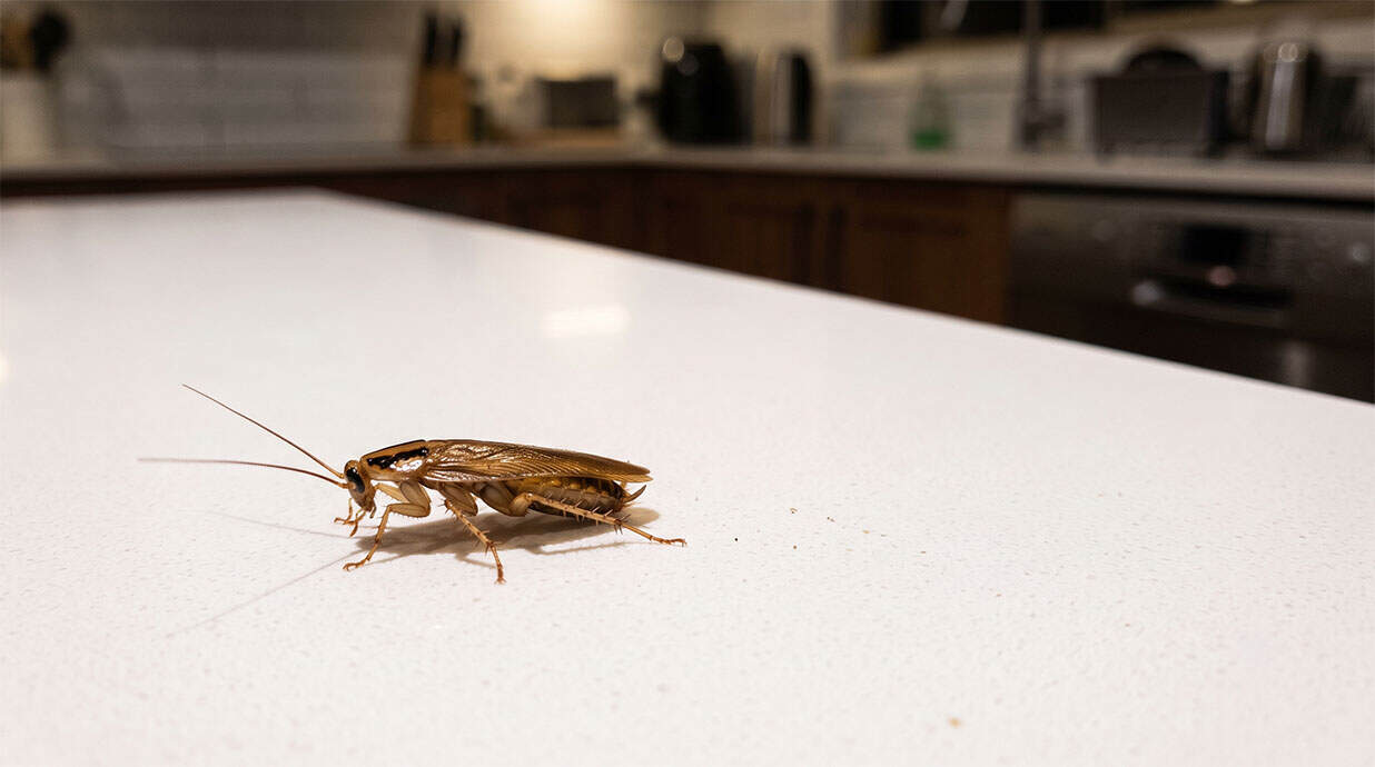 Macro photograph of a German cockroach on a white kitchen benchtop at night, showing the two dark stripes behind its head and long antennae.