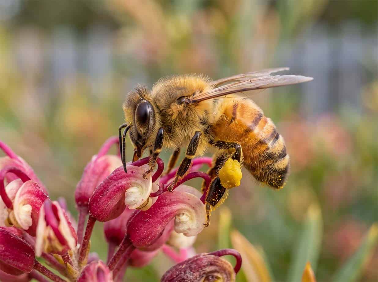 Honey bee, golden-brown and furry