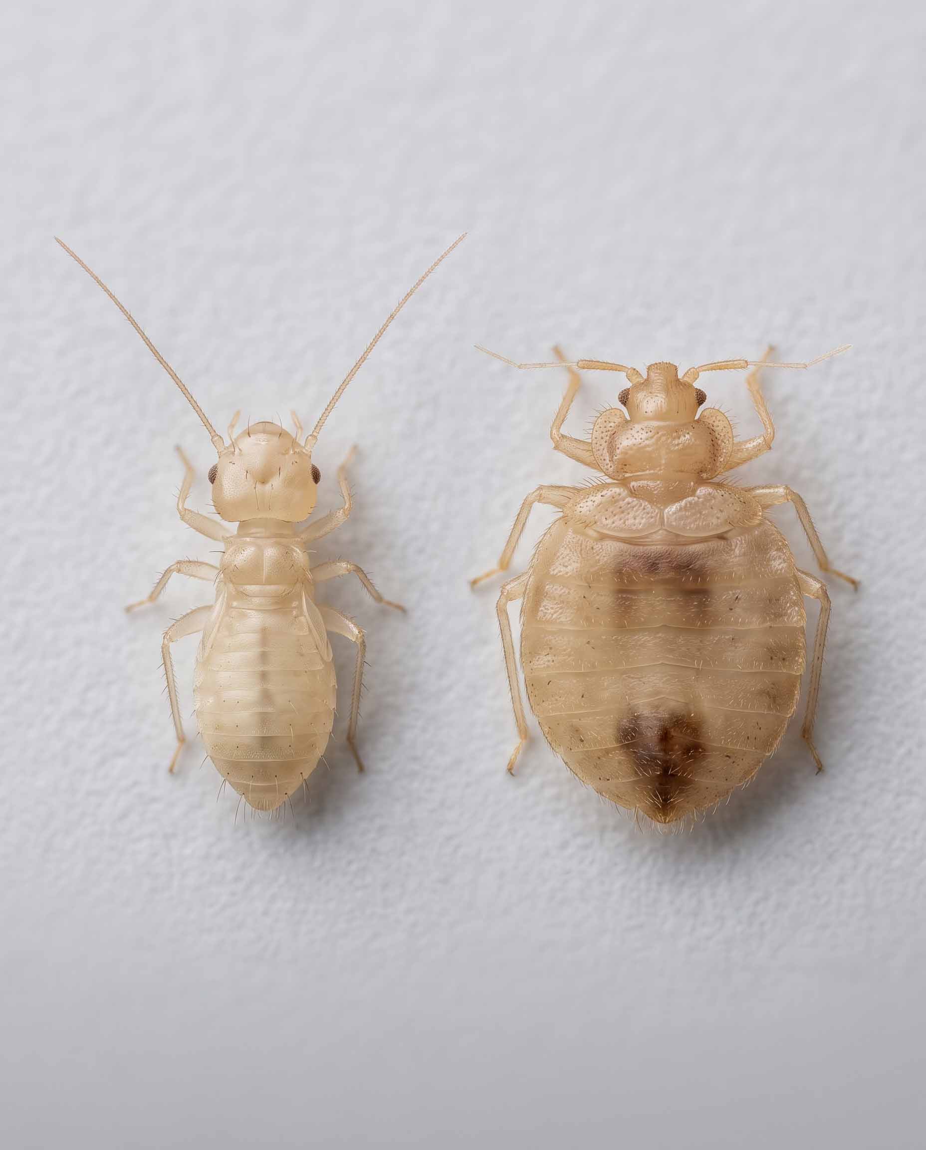 Comparison of a booklouse and a bed bug nymph, showing the booklouse is smaller with a broad head and long antennae