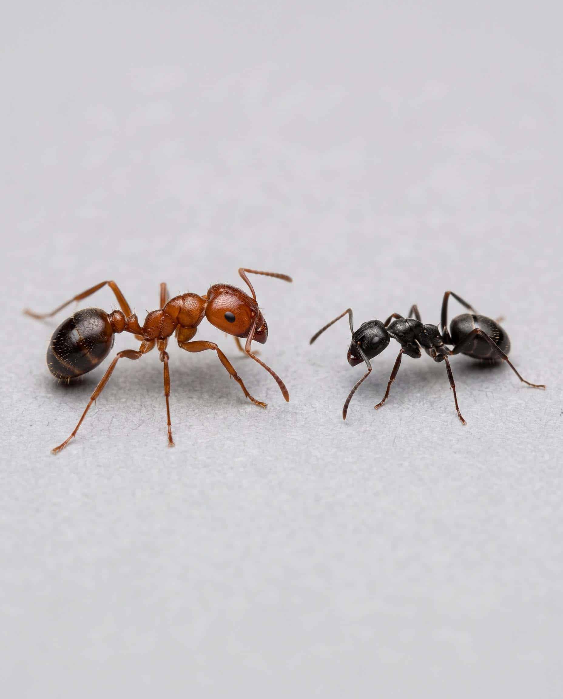 Comparison of a red imported fire ant next to a common black house ant, showing the fire ant is coppery brown with a darker abdomen