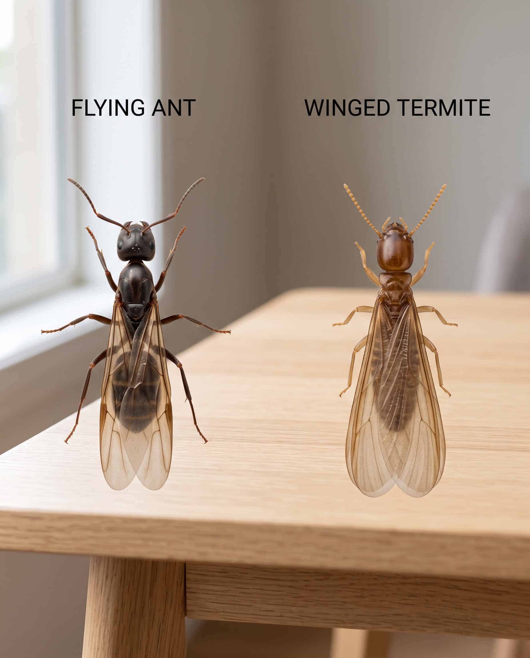 Side-by-side comparison of a flying ant and a termite swarmer, showing the pinched versus broad waist, elbowed versus straight antennae and unequal versus equal wings