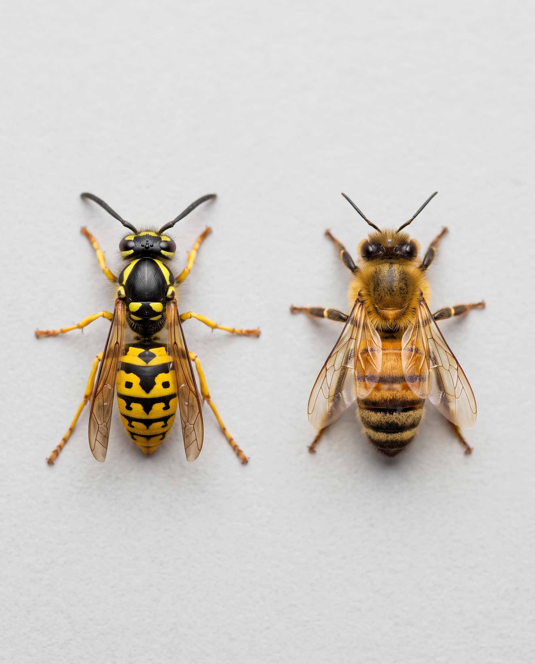 Comparison of a wasp and a honey bee, showing the wasp is smooth with a narrow waist and the bee is furry and round