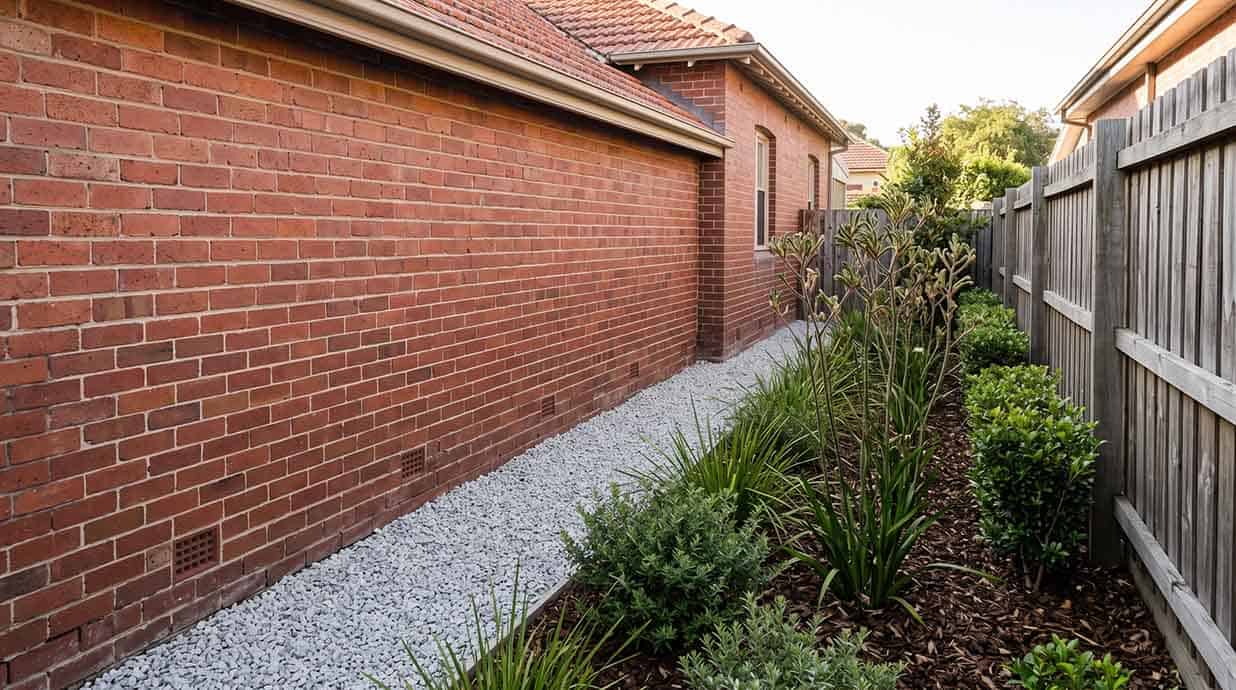 Gravel strip between a mulched native garden bed and the brick wall of a house, shrubs trimmed clear of the wall