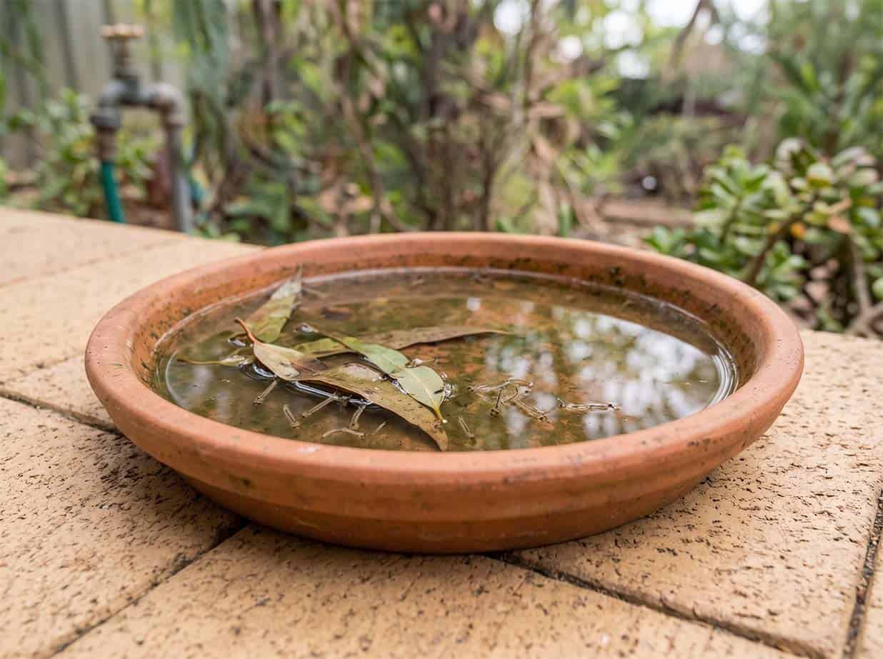 A pot saucer holding water, a common mosquito breeding site in a backyard