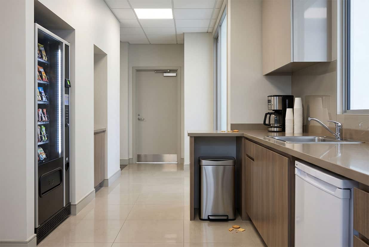 Office break room and service area showing common pest risk points in a commercial building.