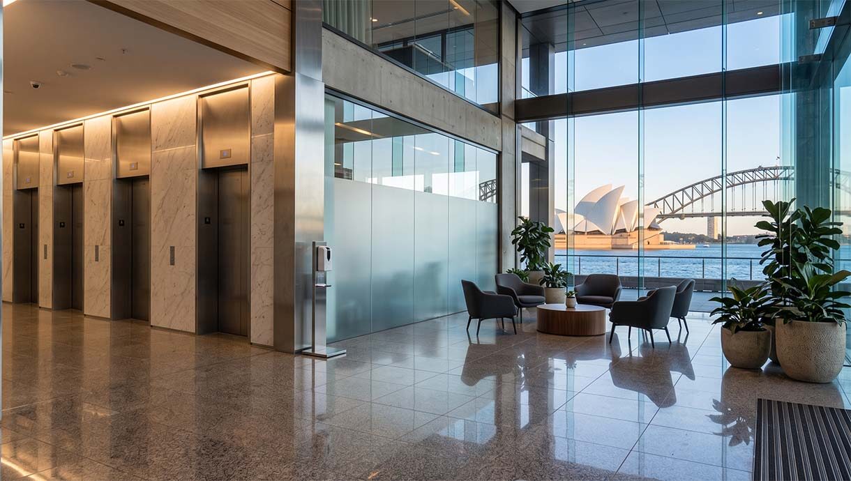 Modern office building lobby showing a clean shared commercial space relevant to office pest control and building maintenance