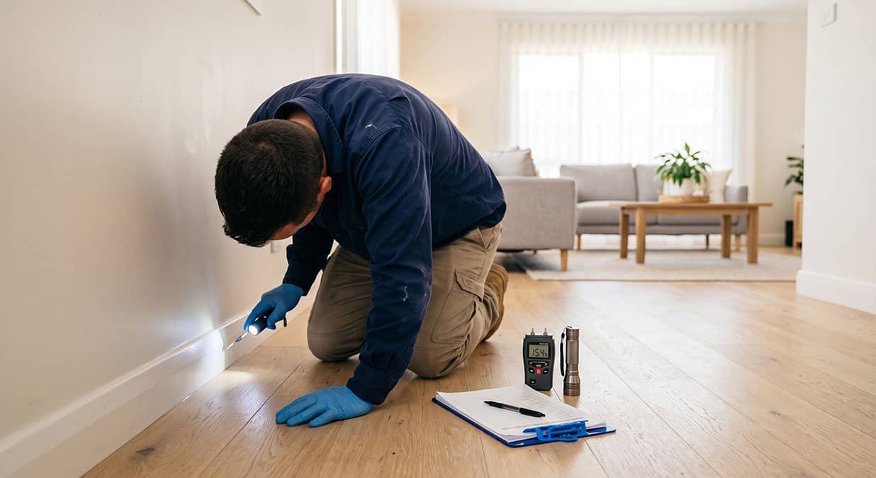 A licensed pest technician inspecting skirting boards in a bright Australian home, with a torch, moisture meter and inspection clipboard on the floor beside them.