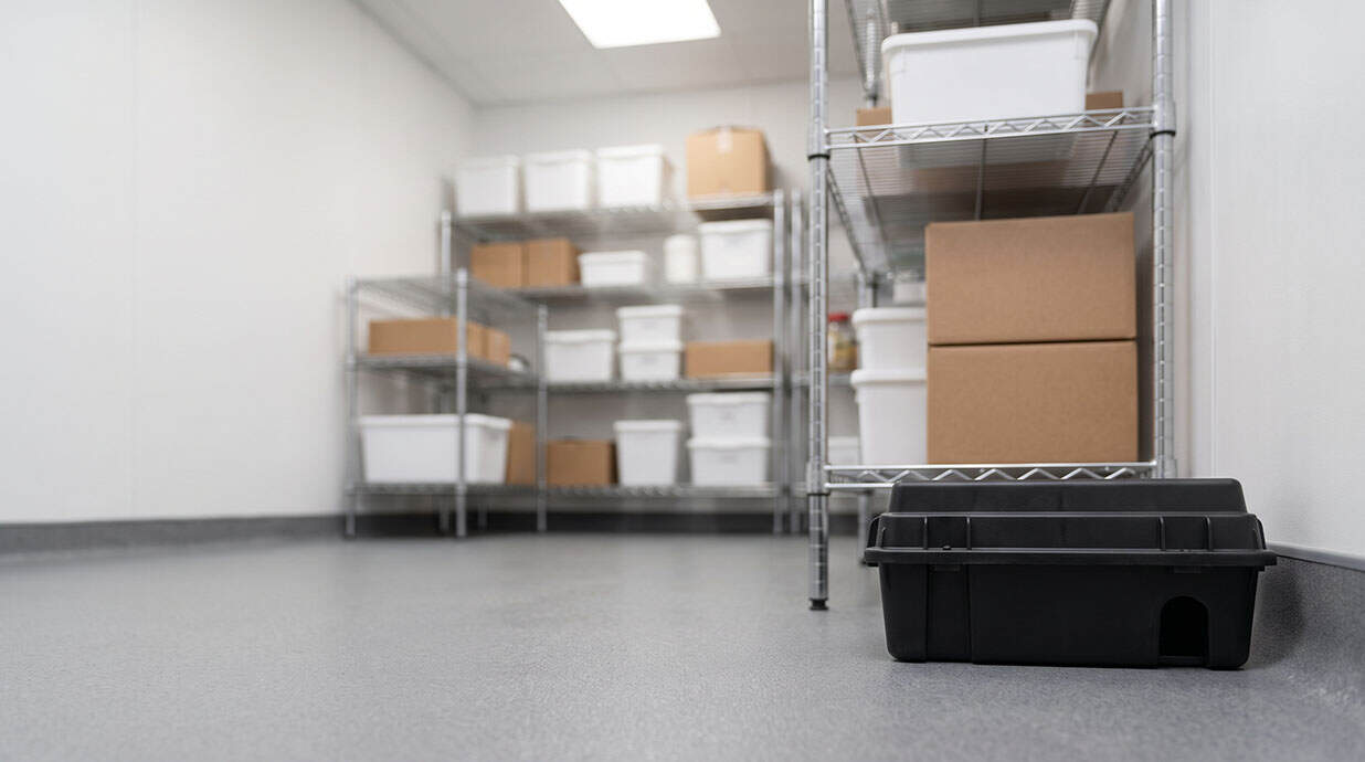 Black tamper-resistant monitoring station on the floor against the wall beneath stainless shelving in a clean dry store