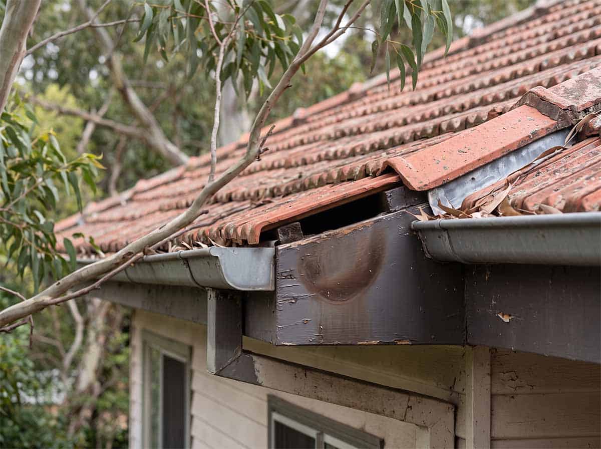 Gap under a roof tile and broken eave where a possum enters a Sydney home
