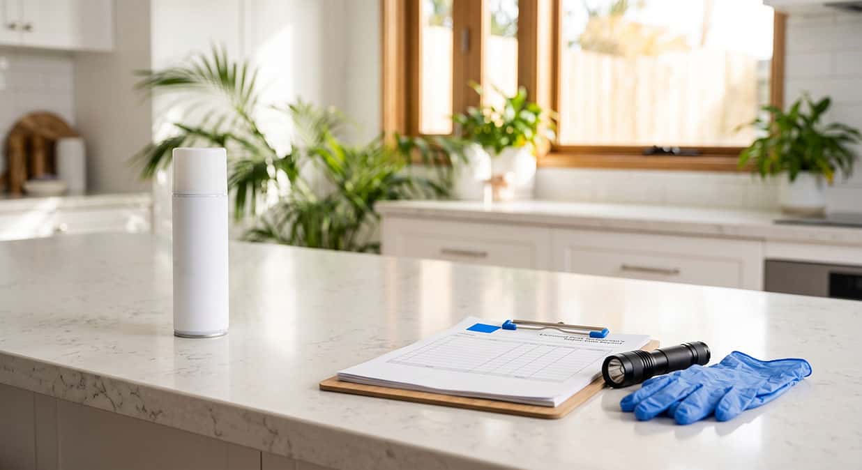 An unbranded surface spray can beside a licensed pest technician's inspection report and torch on a clean Australian kitchen benchtop.