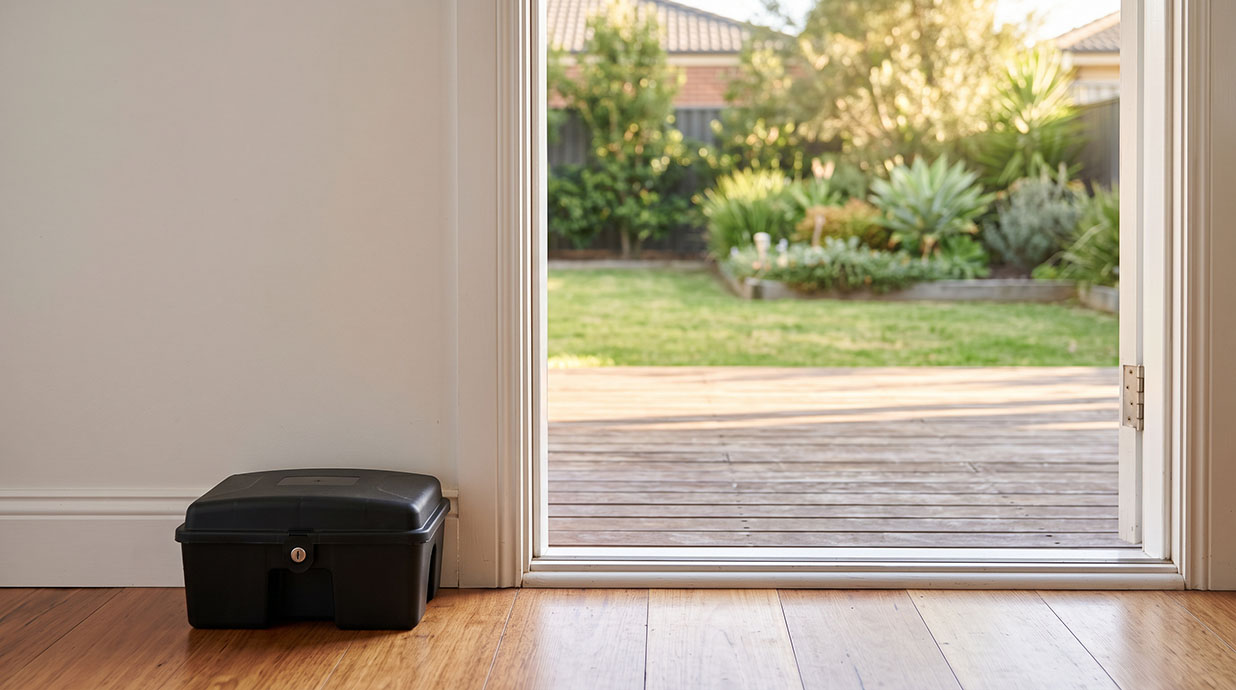 Black lockable rodent bait station on the floor inside an open back door, with a sunlit Australian backyard beyond