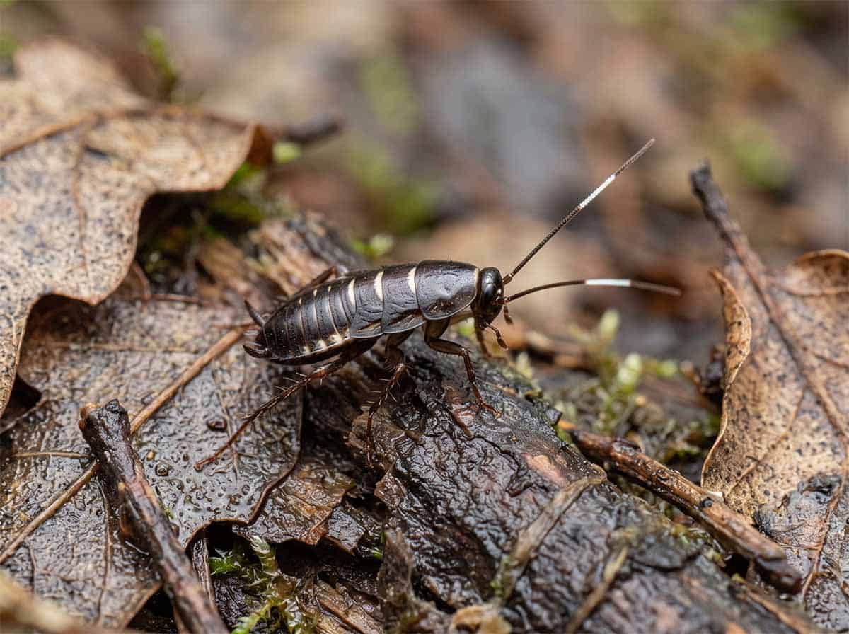 Young smoky brown cockroach nymph, dark with two pale bands and white-tipped antennae