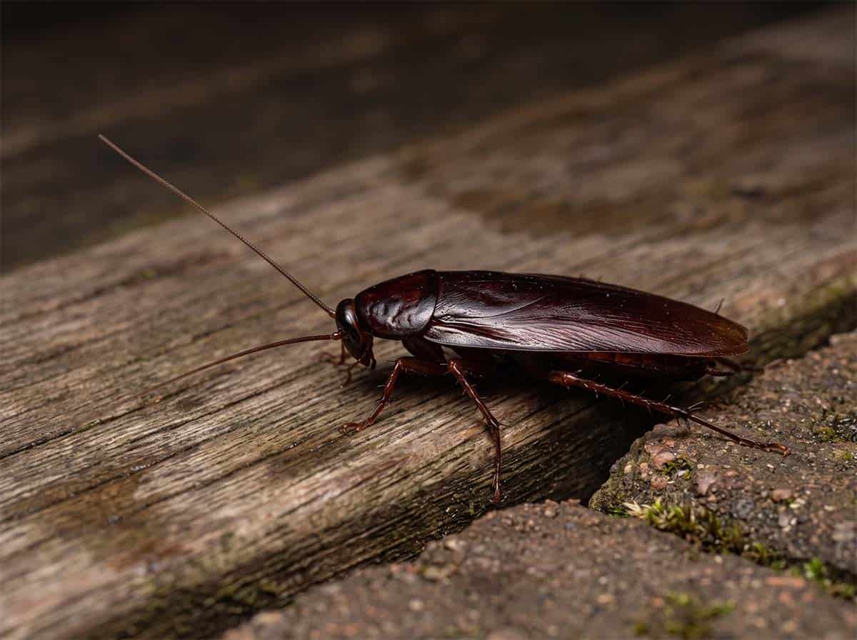 Adult smoky brown cockroach, a large uniformly dark glossy cockroach with wings past the abdomen