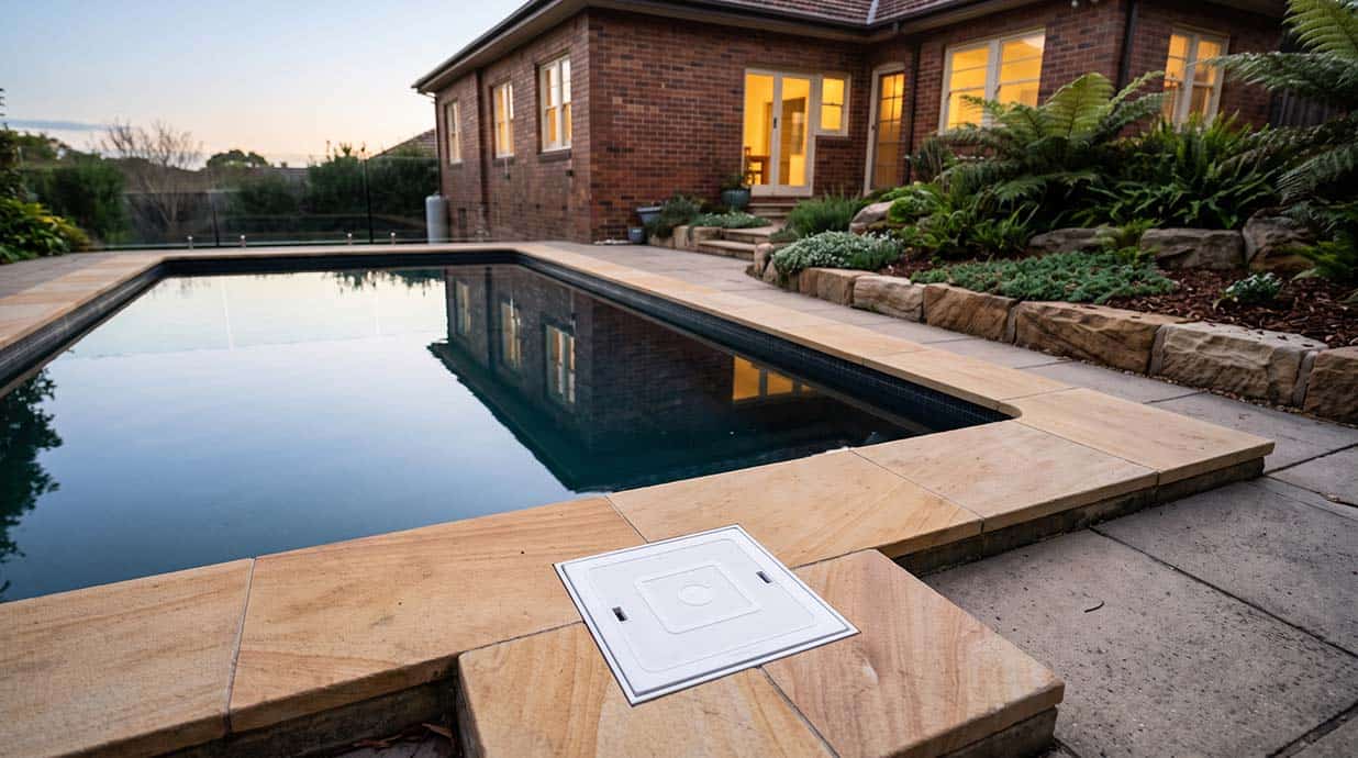 Backyard pool at dusk with sandstone coping, a fern-planted rockery and the skimmer box lid in the foreground