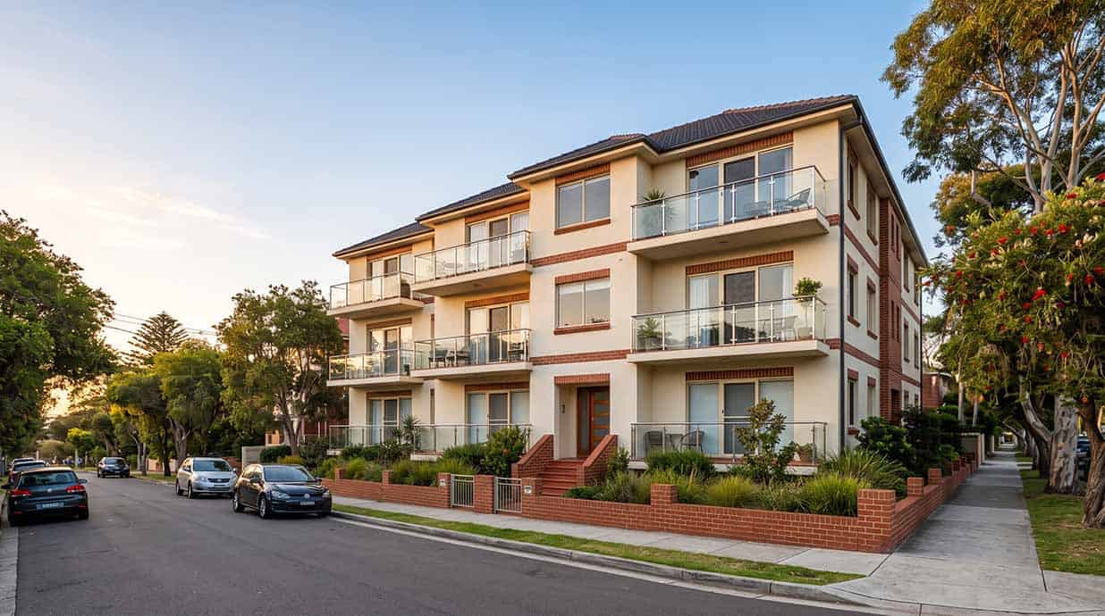 Three storey apartment building in a Sydney eastern suburbs street, with rendered walls, brick detailing and balconies