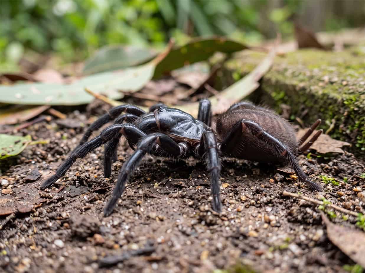 Sydney funnel-web spider, a glossy black spider with a shiny body and large downward-pointing fangs