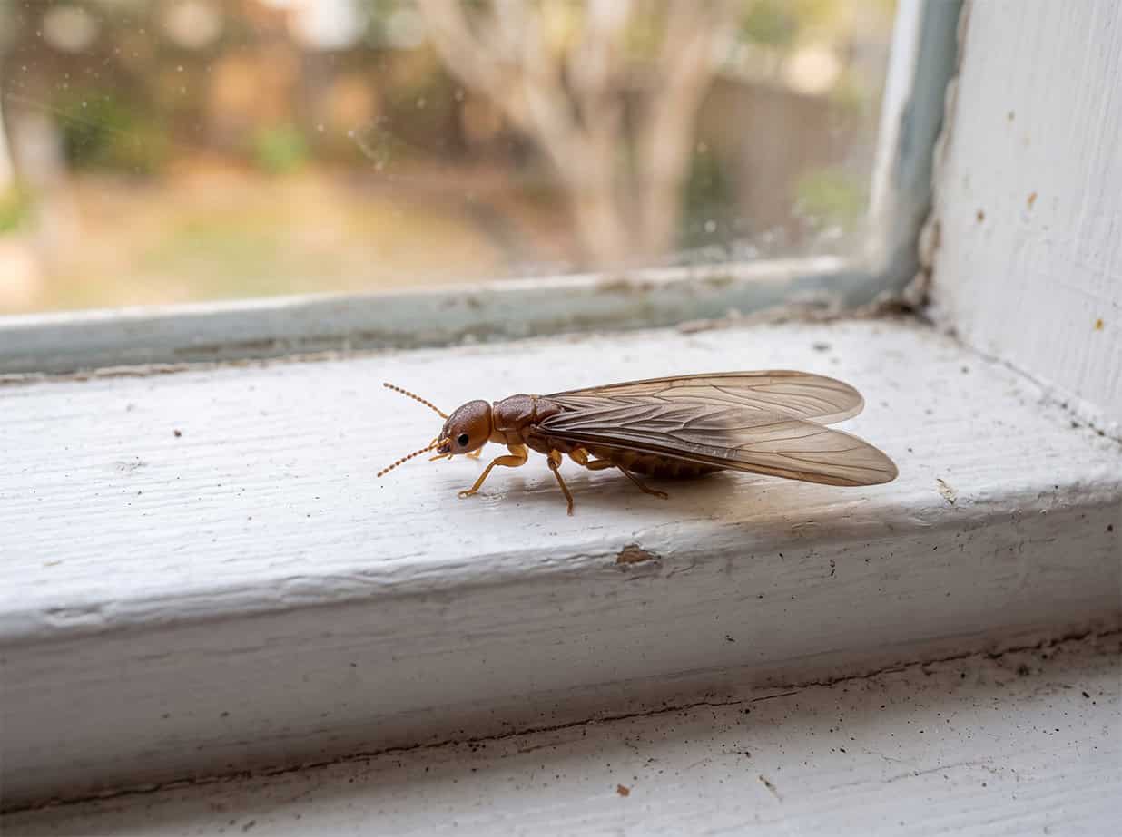 Winged termite swarmer showing four equal-length wings, straight antennae and a broad waist