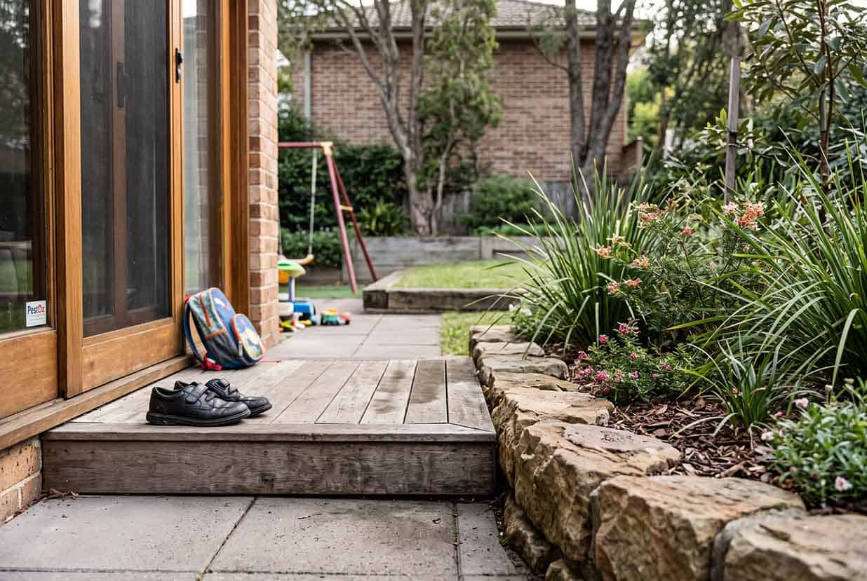Child's school shoes on a timber back step beside a sandstone rockery and mulched garden bed, with a swing set behind